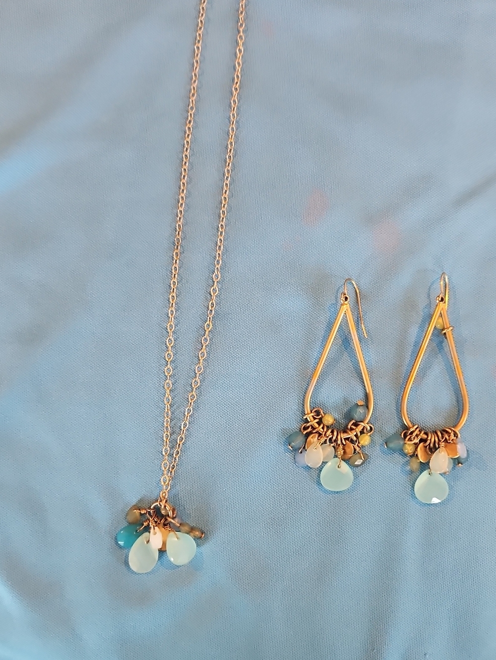 Gold Teardrop Aqua Charm Necklace and Earring Set